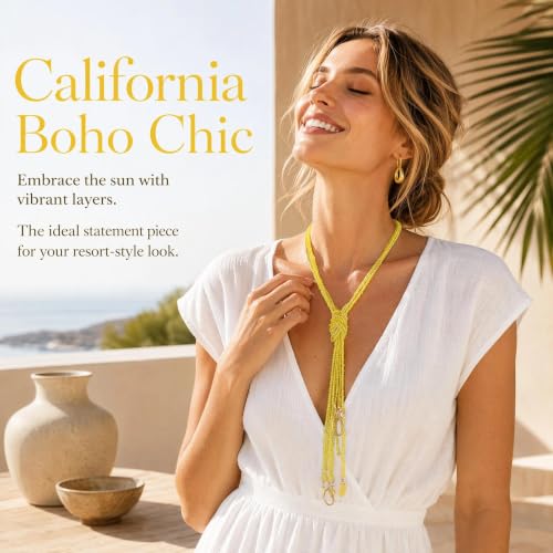 Coiris Long Seed Beaded Multi Strand Necklace,10 Multiple Statement Long Bib Necklace with Tie Knot for Women and Girls Jewelry - color: Yellow