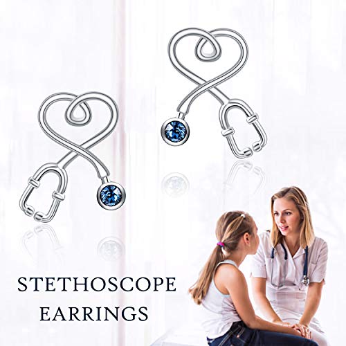 Stethoscope Earrings 925 Sterling Silver Heart Studs Earrings 12 Months Birthstone Crystals from Austria, Graduation Jewelry Gifts for Nurse Doctor RN Medical Student - color: Blue