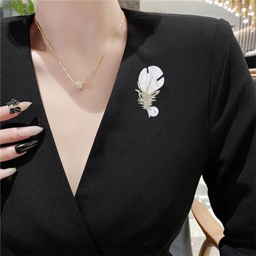 Rhinestone Feather Leaf Brooch Pin for Men Women Gold Silver Plated Elegant Delicate Leaves Hat Bag Suit Tie Crystal Pearl Lapel Brooches for Mother's Day Birthday Wedding Fashion Jewelry Gifts - color: Gold