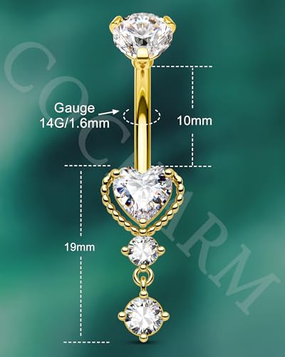 Dangle Belly Button Rings 14G Heart Belly Navel Rings for Women Surgical Steel Navel Piercing Jewelry - color: YG-10MM