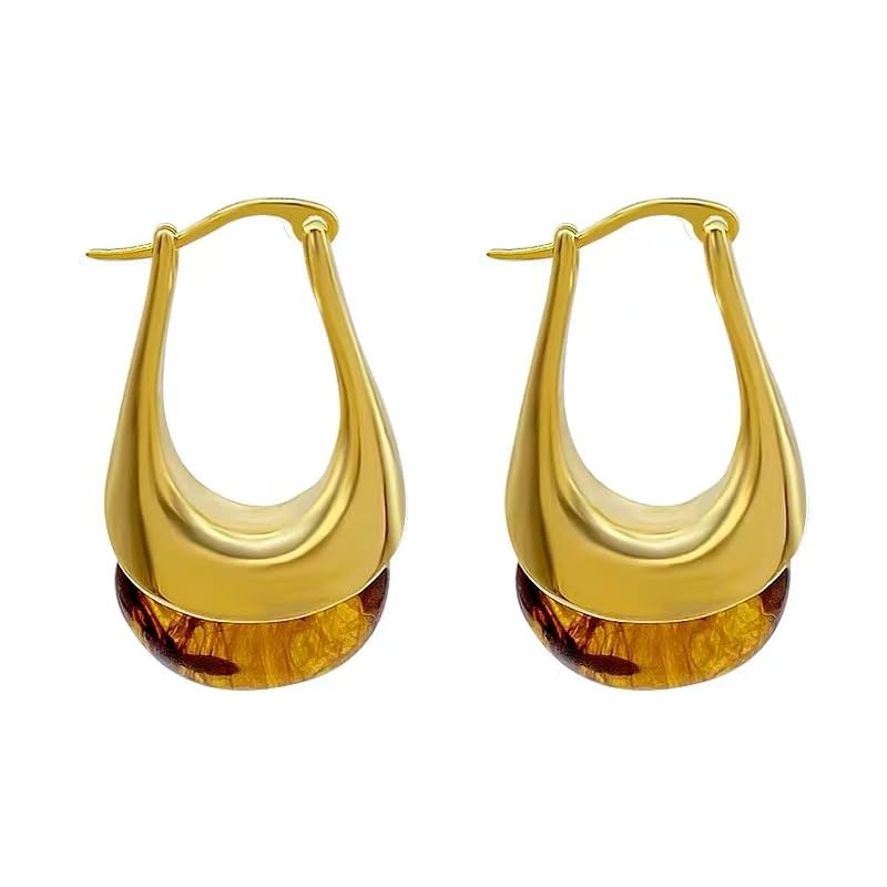 Vintage Amber Resin Hoop Earrings for Women Statement Chunky U-Shaped Brown Thick Dangle Huggie Stainless Steel Retro Trendy Earring Fashion Jewelry Gift for Her