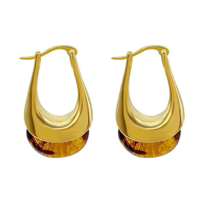 Vintage Amber Resin Hoop Earrings for Women Statement Chunky U-Shaped Brown Thick Dangle Huggie Stainless Steel Retro Trendy Earring Fashion Jewelry Gift for Her
