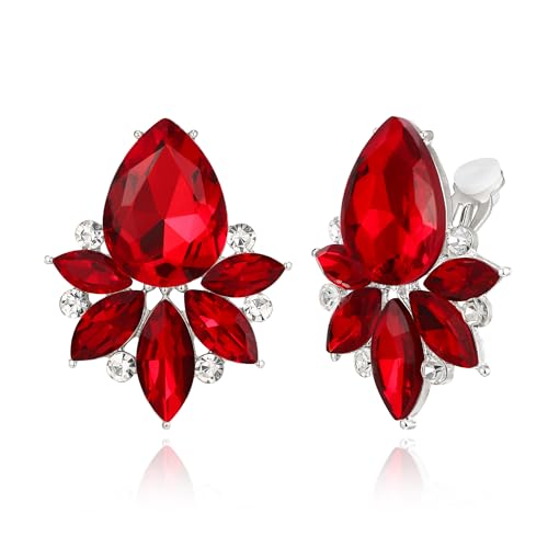 Flyonce Vintage Rhinestone Clip On Stud Earrings, Non-Piercing | Fancy Crystal Cluster, Teardrop Art Deco, Non Pierced, For Wedding Bridal Brides, Formal, Hypoallergenic - color: Red Silver-Tone