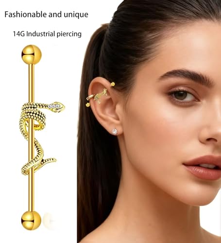 TIANCI FBYJS 7-16pcs 14G Stainless Steel Industrial Piercing Barbell Earring Cartilage Body Jewelry 38mm 1&1/2 Inch Industrial Piercing Bar for Women Men Snake Chain Dangle - color: gold silver
