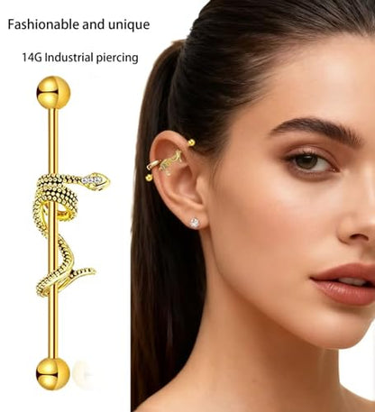 TIANCI FBYJS 7-16pcs 14G Stainless Steel Industrial Piercing Barbell Earring Cartilage Body Jewelry 38mm 1&1/2 Inch Industrial Piercing Bar for Women Men Snake Chain Dangle - color: gold silver
