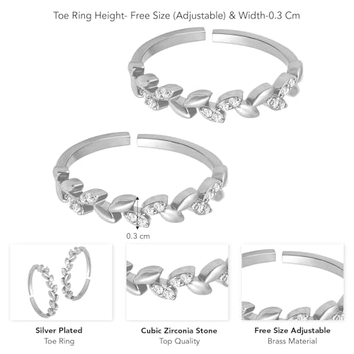 Aheli Cubic Zirconia Studded Leaf Style Adjustable Toe Ring Bichiya Fancy Jewellery for Women - color: Silver