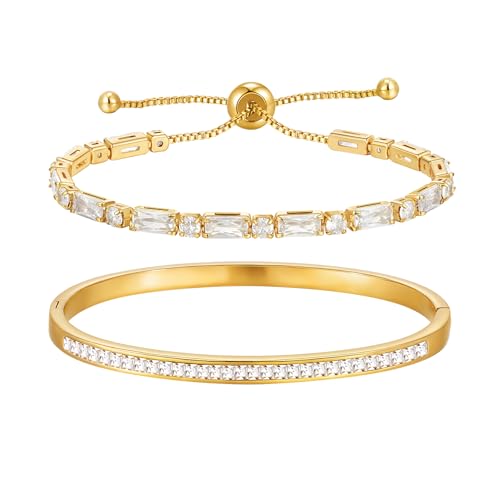 Stackable Gold Bracelets for Women - 2Pcs 18K Gold Plated Cubic Zirconia Bangle Bracelet Friendship Tennis Bracelet Stack Jewelry,Party Christmas Birthday Gift for Girlfriend Sister Wife Daughter - style: Gold Set_6