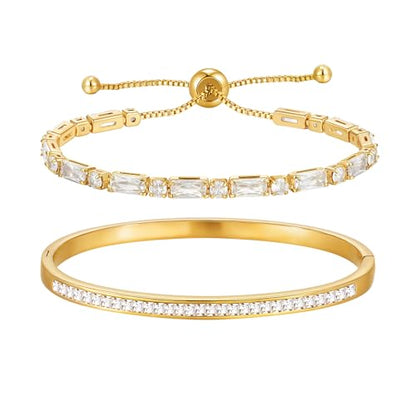 Stackable Gold Bracelets for Women - 2Pcs 18K Gold Plated Cubic Zirconia Bangle Bracelet Friendship Tennis Bracelet Stack Jewelry,Party Christmas Birthday Gift for Girlfriend Sister Wife Daughter - style: Gold Set_6