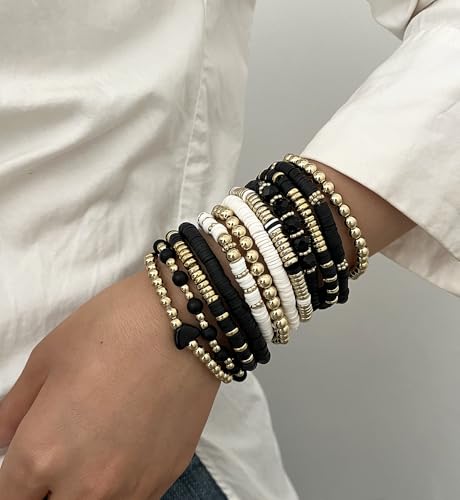 iF YOU 13pcs Boho Brown Gold Beaded Stretch Bracelets for Women, Heishi Clay Surfer Stackable Bracelet Stacks Summer Beach Jewelry - style: White & Black Clay Bracelets