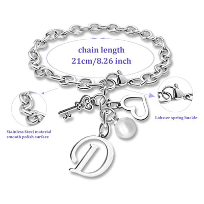 Initial A-Z Bracelets Gift for Women Girls Stainless Steel Chain Bracelet 26 Alphabet Jewelry Gifts for Birthday Anniversary Letter Bracelet Monogram Gifts for Sister Friend Girlfriends Mom 8.26 Inch - color: D