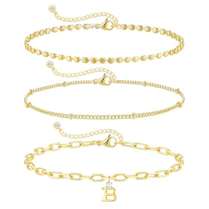 ZHESHY Gold Initial Bracelets for Women Dainty Letter A-Z Charm Bracelets Non Tarnish 14K Gold Plated Stackable Layered Paperclip Link Chain Bracelets Stack Set Personalized Gifts Womens Jewelry - color: Gold B