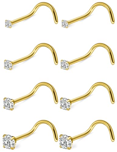 Hoeudjo Hypoallergenic Nose Rings Studs 24G Surgical Stainless Steel Cubic Zirconia Nose Studs for Women Men Screw & Bone & L Shaped Nostril Piercing Jewelry with 1.5mm 2mm 2.5mm 3mm CZ - color: goldtone,screw nose studs