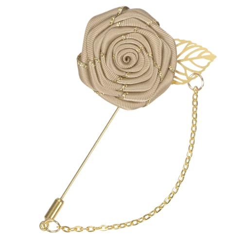 M METERXITY Rose Brooch Pin Cloth Rose Flower with Gold Leaf Brooch, Rose Flower Lapel Pin for Men Wedding Accessories/Suit Tuxedo Corsage Wedding Party Brooch - color: Champagne