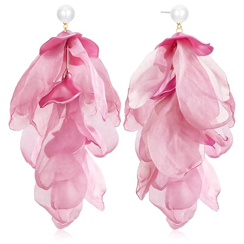 Handmade Bohemian Lightweight Fabric Flower Dangle Drop Earrings Chic Pearl Large Tassel Petal Stud Earrings For Women - color: Pearl Dark Pink