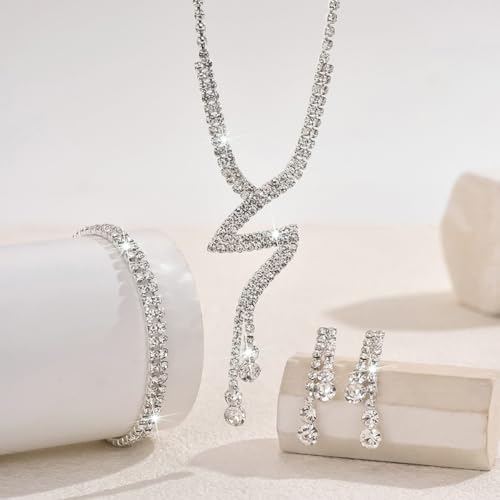 MIFYNN Rhinestone Wedding Set for Women Sparkle Crystal Earrings Necklace Bracelet Jewelry Set Wedding Party Prom Jewelry Set for Brides Bridesmaid - color: Silver2