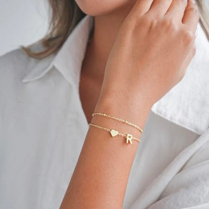 Gold Initial Bracelets for Women Trendy, Dainty Layered 14K Gold Plated Heart Letter Charm Bracelets, letter beads for name bracelets Jewelry Gifts - color: Gold-R