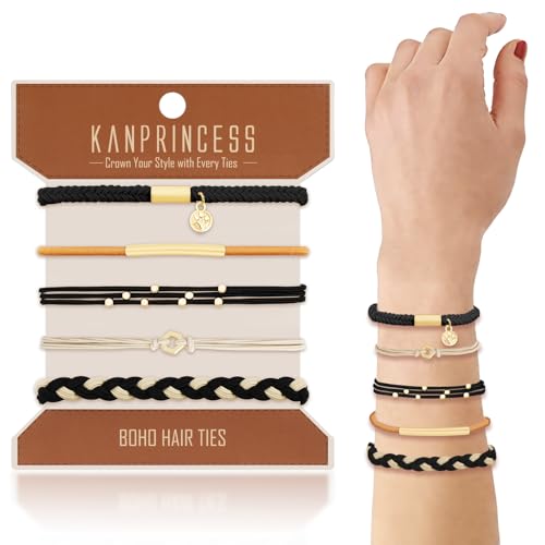 KANPRINCESS Hair Tie Bracelet, 5 Pcs Boho Hair Ties For Girls and Women, Elastic Hair Ties, Hair Bands For Ponytails, Ponytail Holder For Daily Life, Sport, Cooking, Working (Set 17) - color: Set17