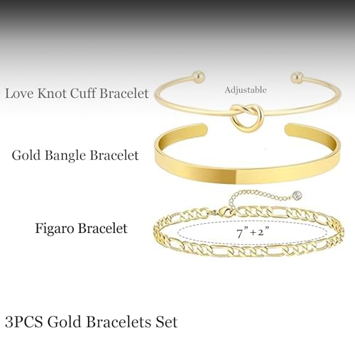 HERIER Gold Bracelets for Women 18k Gold Plated Bracelet Stack Bangle Cuff Bracelet Set for Women Non Tarnish Beaded/Paperclip/Cuban Link Chain Bracelets Jewelry for Women Trendy - style: Bangle Figaro3-Gold