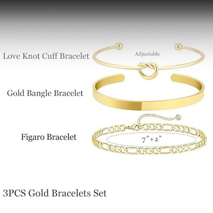 HERIER Gold Bracelets for Women 18k Gold Plated Bracelet Stack Bangle Cuff Bracelet Set for Women Non Tarnish Beaded/Paperclip/Cuban Link Chain Bracelets Jewelry for Women Trendy - style: Bangle Figaro3-Gold