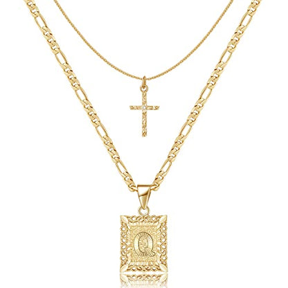KELORIS PATH Gold Layered Initial Cross Necklace, 14K Gold Plated Layering Square Letter Pendant Figaro Chain Cross Choker from A-Z Capital Jewelry for Women Girls | 14K Gold Plated Square/Hexagon Letter Pendant with Figaro Chain, Stackable Jewelry Gifts,