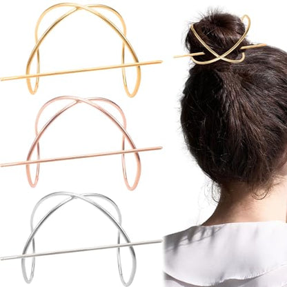 Minimalist X-Shaped Hair Pins for Bun Holder, Gold Silver Rose Gold, Metal Hair Stick Accessories, 3 Pack