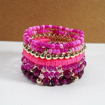 7/12Pcs Set Bohemian Stackable Crystal Seed Beaded Elastic Stretch Bracelet Multilayerd Handmade Brass Bead for Women Jewelry Surfer Heishi Polymer Clay Layering - color: green