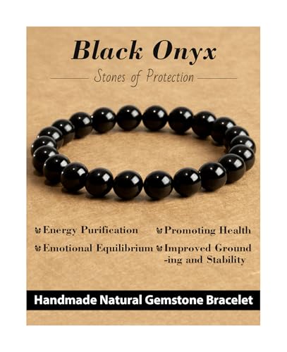 Natural Stone Beaded Bracelets for Men Women, 4mm 6mm 8mm | Healing Crystal, Protection Gemstone, Gift Packaging with Energy Card, Stretch Jewelry, Replacement Beads Included, 18 Stone - color: Black Onyx(Protection & Energy), size: 8mm