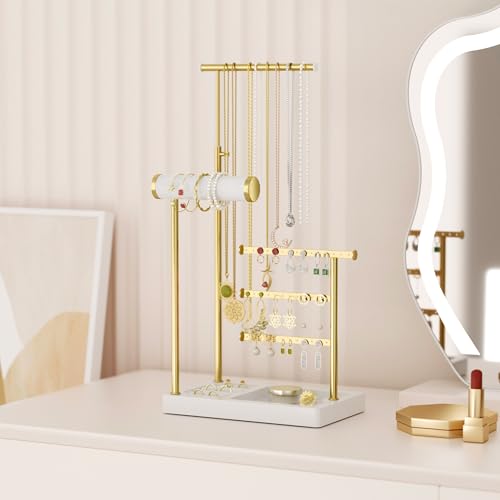 SZQINJI 5 Tier Jewelry Holder Organizer, Gold Necklace Stand Display, White | Velvet Bracelet Holder, Adjustable Height Jewelry Display for Necklaces, Bracelets, Earrings, Rings, Gift Idea for Women - color: White