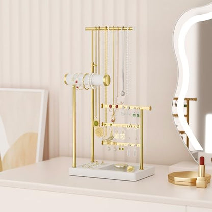 SZQINJI 5 Tier Jewelry Holder Organizer, Gold Necklace Stand Display, White | Velvet Bracelet Holder, Adjustable Height Jewelry Display for Necklaces, Bracelets, Earrings, Rings, Gift Idea for Women - color: White