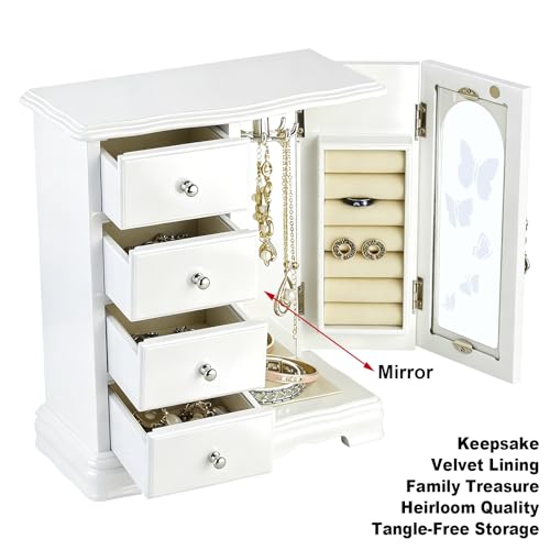 RR ROUND RICH DESIGN Solid Wood Jewelry Box White | Large Organizer with 4 Drawers, Built-in Necklace Carousel & Large Mirror - style: Fashion White