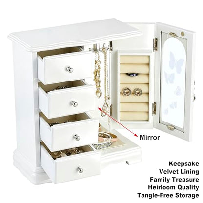 RR ROUND RICH DESIGN Solid Wood Jewelry Box White | Large Organizer with 4 Drawers, Built-in Necklace Carousel & Large Mirror - style: Fashion White