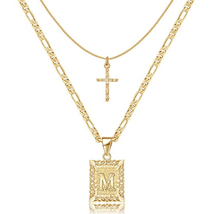KELORIS PATH Gold Layered Initial Cross Necklace, 14K Gold Plated Layering Square Letter Pendant Figaro Chain Cross Choker from A-Z Capital Jewelry for Women Girls | 14K Gold Plated Square/Hexagon Letter Pendant with Figaro Chain, Stackable Jewelry Gifts,