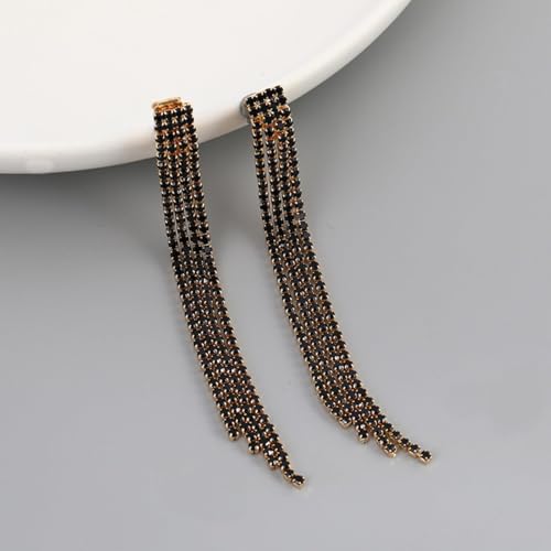Rhinestone Clip on Earrings for Women Gold/Silver Prom Dresses 2026 Sparkly Chandelier Long Earrings Wedding Guest Jewelry - color: Black Clip on