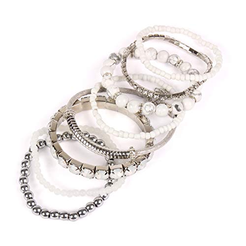 RIAH FASHION Multi Color Stretch Beaded Stackable Bracelets - Layering Bead Strand Statement Wrap Bangles - color: Natural Stone - White Howlite/Silver, size: 7.0 Inches Length