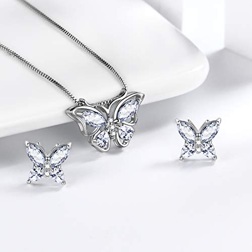 Aurora Tears Butterfly Jewelry,Women 925 Sterling Silver Butterflies Birthstone Pendant Necklace/Earrings/Rings Wedding Gift - color: D.April-set 1