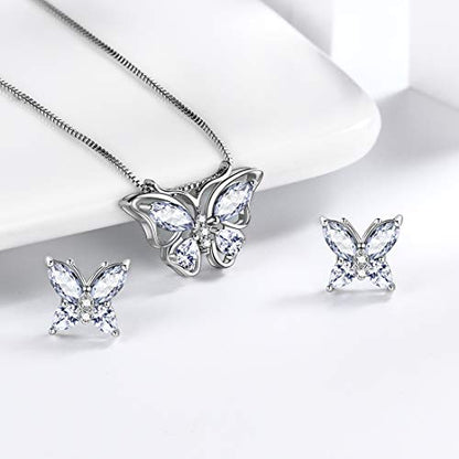 Aurora Tears Butterfly Jewelry,Women 925 Sterling Silver Butterflies Birthstone Pendant Necklace/Earrings/Rings Wedding Gift - color: D.April-set 1
