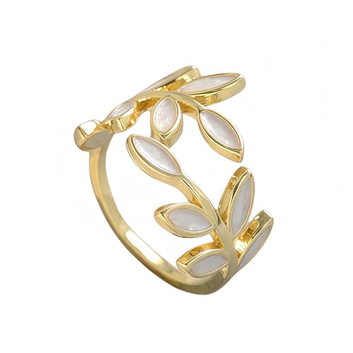 Mettclasi Women's 14K Gold Plated Stackable Ring Crystal Inlaid Dainty Trendy Cute Adjustable Open Twist Rings Jewelry Gifts - style: Leaf