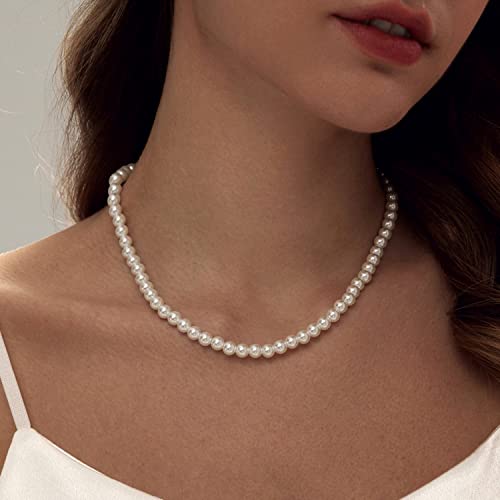 Zeffy Pearl Necklace 4MM/6MM/8MM Dainty Round Imitation Pearl Choker Necklace Wedding Pearl Necklace Delicate Jewelry for Women Simple Bridesmaid Jewelry Gifts - style: 6mm+8mm Silver Pearl Necklace(14"+2")