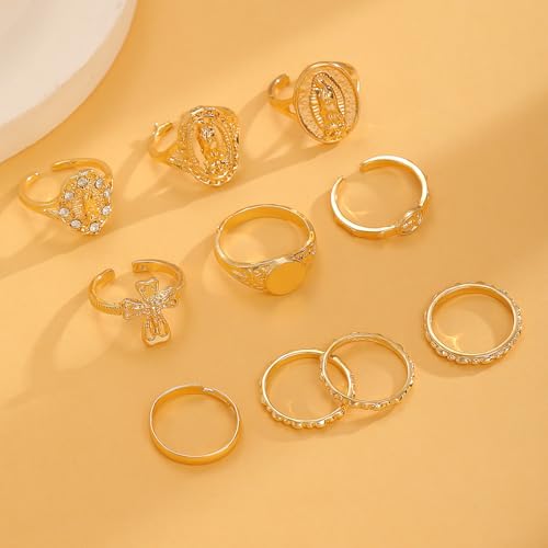 Chunky Gold Rings for Women Rhinestone Stackable Knuckle Ring Set Open Adjustable Statement Ring Set Dainty Crown Cross Midi Rings Fashion Jewelry Gift for Women - color: Gold5