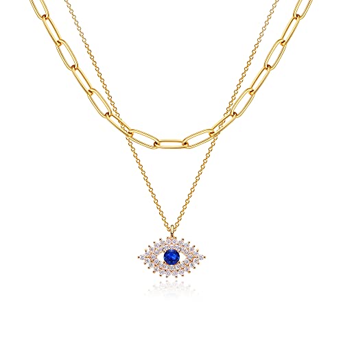 MEVECCO Dainty Pendant Layered Necklaces for Women | 18K Gold Plated Brass, 2-Piece Set With A Choker-Length Upper Layer, Wear Together Or Separately, Refined Everyday Style - style: Layer Blue Eyes