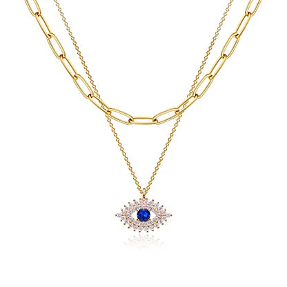 MEVECCO Dainty Pendant Layered Necklaces for Women | 18K Gold Plated Brass, 2-Piece Set With A Choker-Length Upper Layer, Wear Together Or Separately, Refined Everyday Style - style: Layer Blue Eyes