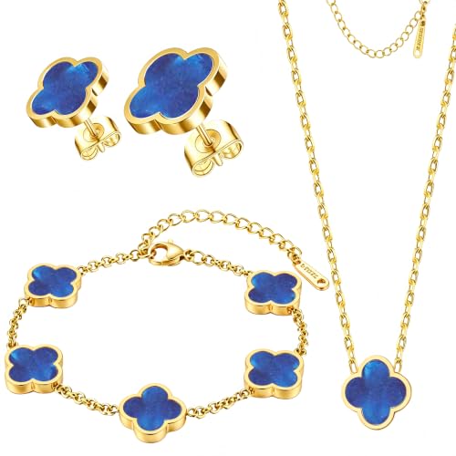 Clover Jewelry Set 3 PC - 18K Gold Plated Stainless Steel Y Necklace Four Leaf Pendant, Clover Bracelet Charm, 4leaf Earrings, Hypoallergenic Non-Tarnish, Lucky Jewelry Gifts for Women Mom - color: Navy Blue/Gold