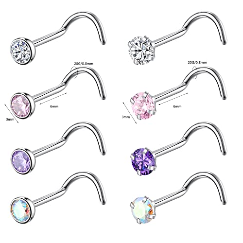 8PCS G23 Titanium Twist Screw Nose Studs 18G 20G Nose Rings 2mm 2.5mm 3mm Clear Pink Purple Aurora CZ Gold Nose Piercing Studs Nostril for Women Men - style: 20g silver mix-color cz 3mm