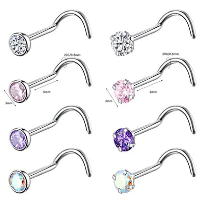 8PCS G23 Titanium Twist Screw Nose Studs 18G 20G Nose Rings 2mm 2.5mm 3mm Clear Pink Purple Aurora CZ Gold Nose Piercing Studs Nostril for Women Men - style: 20g silver mix-color cz 3mm