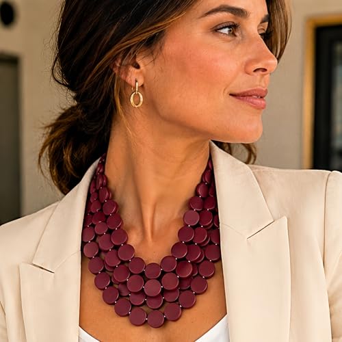 Colorful Beaded Necklace for Women,Chunky Wooden Bib Choker Necklace,Statement African Jewelry Multicolor Maroon Blue Fashion Collar Necklace - color: burgundy