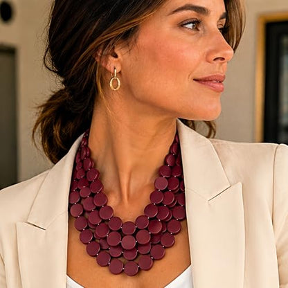 Colorful Beaded Necklace for Women,Chunky Wooden Bib Choker Necklace,Statement African Jewelry Multicolor Maroon Blue Fashion Collar Necklace - color: burgundy