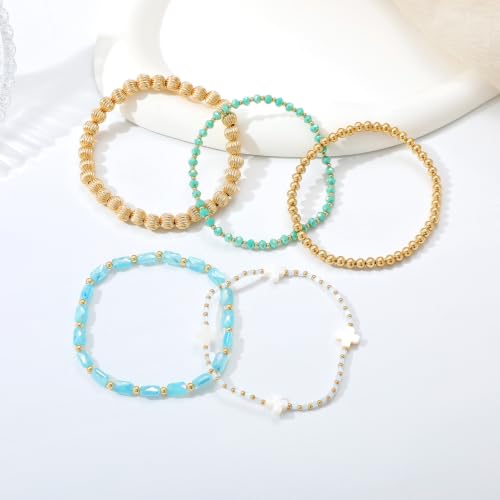 Dainty Gold Plated Pearl Crystal Beaded Bracelets Set for Women 14K Gold Plated Bead Pearl Beads Bracelet Stackable Paperclip Link Chain Bracelets Gold Plated Bracelets for Women Trendy Jewelry - color: Style4-gold bracelets set5