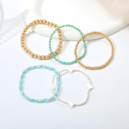 Dainty Gold Plated Pearl Crystal Beaded Bracelets Set for Women 14K Gold Plated Bead Pearl Beads Bracelet Stackable Paperclip Link Chain Bracelets Gold Plated Bracelets for Women Trendy Jewelry - color: Style4-gold bracelets set5