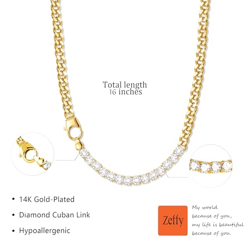 Zeffy 14K Gold/Silver Plated Chunky Thick Chain Toggle Clasp Necklace Dainty Baroque Pearl/Heart/Cross/Turquoise Pendant Necklace - color: Gold Diamond Cuban Link
