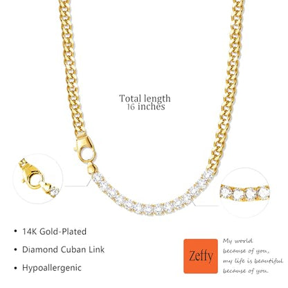 Zeffy 14K Gold/Silver Plated Chunky Thick Chain Toggle Clasp Necklace Dainty Baroque Pearl/Heart/Cross/Turquoise Pendant Necklace - color: Gold Diamond Cuban Link